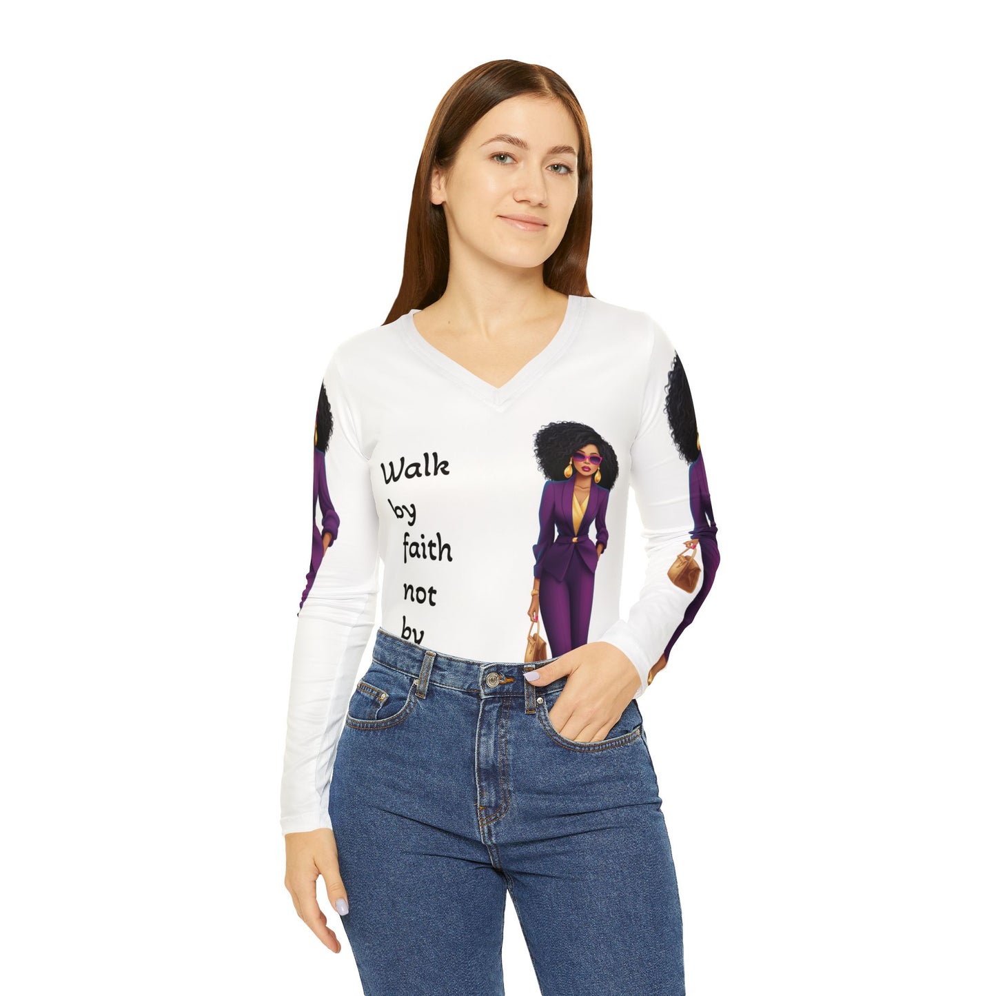 “Walk by faith” Women's Long Sleeve V-neck Shirt (AOP)