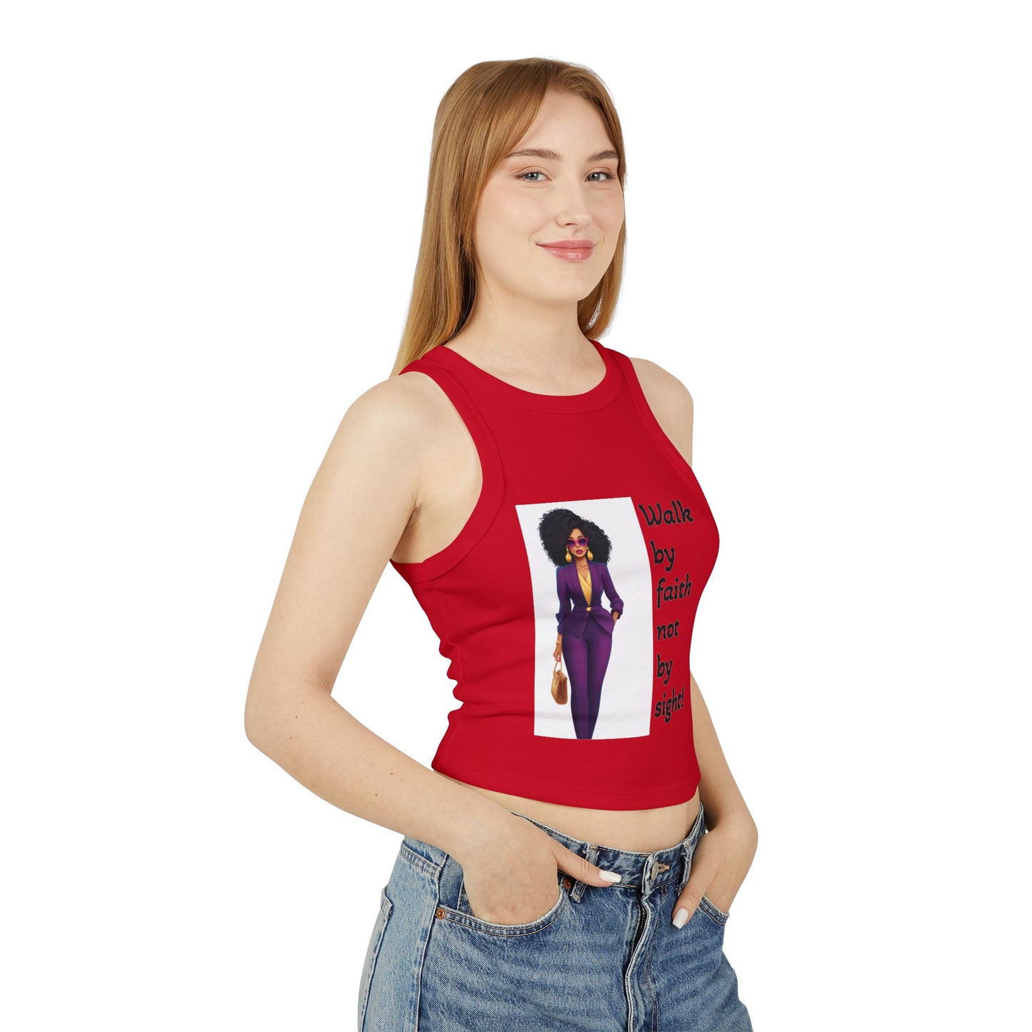 Faithful Femme Racer Tank — "Walk by Faith Not by Sight" Spiritual Crop Top
