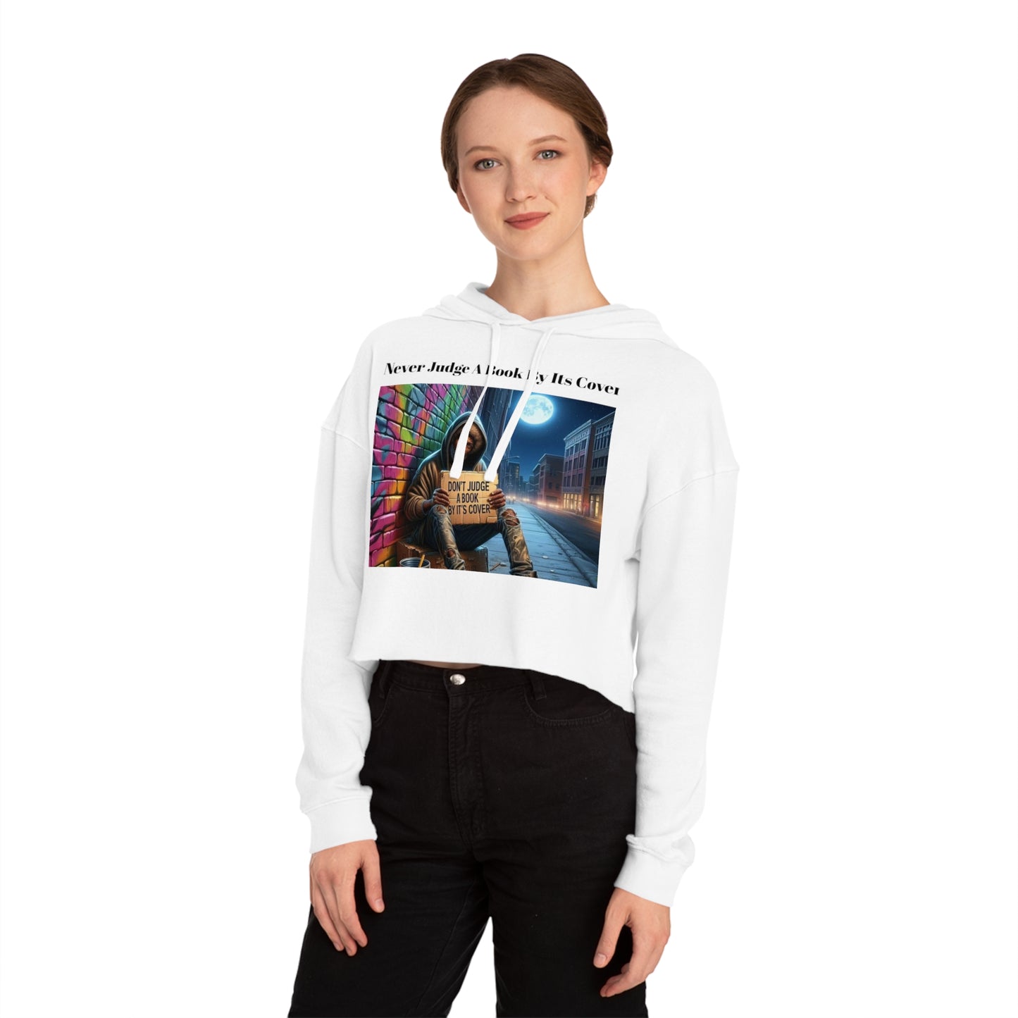 Cropped Hoodie 'Never Judge a Book By Its Cover'