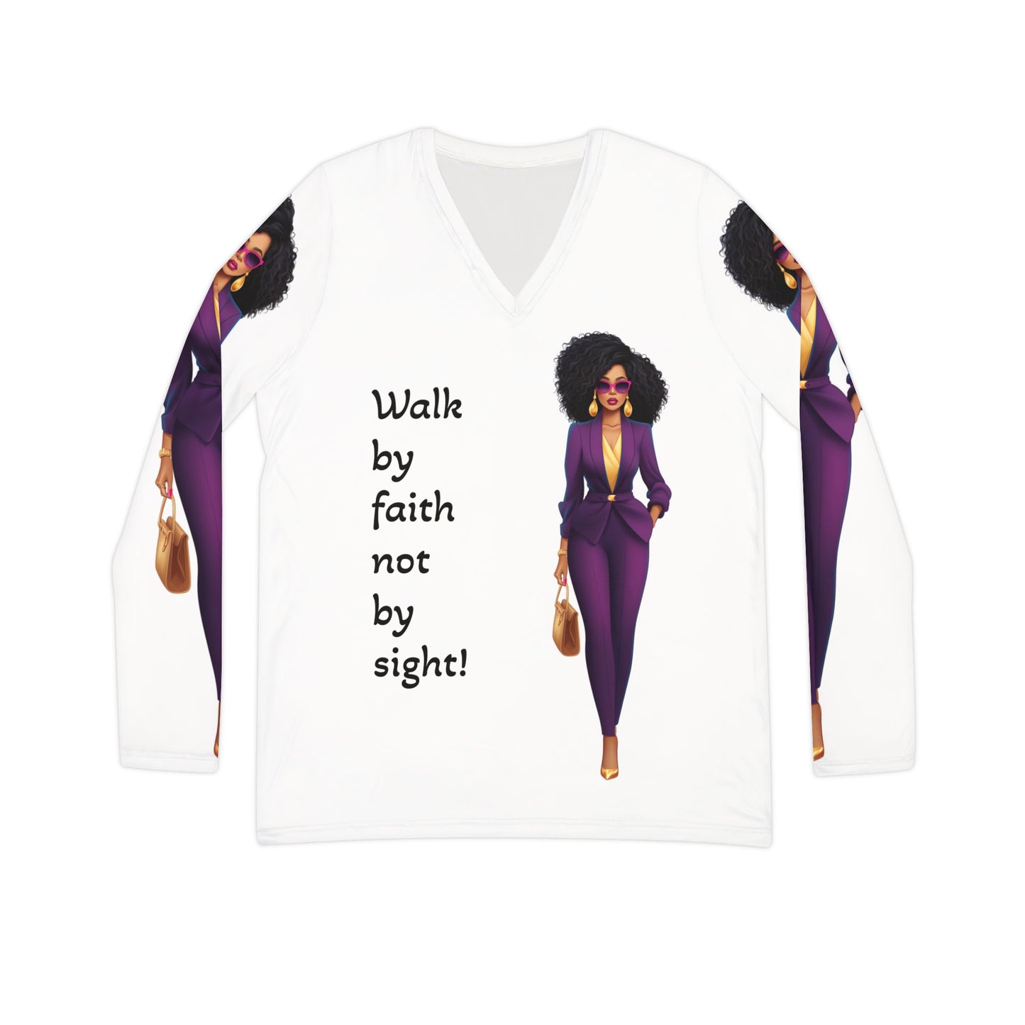 “Walk by faith” Women's Long Sleeve V-neck Shirt (AOP)
