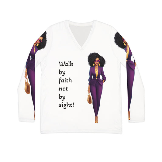 “Walk by faith” Women's Long Sleeve V-neck Shirt (AOP)